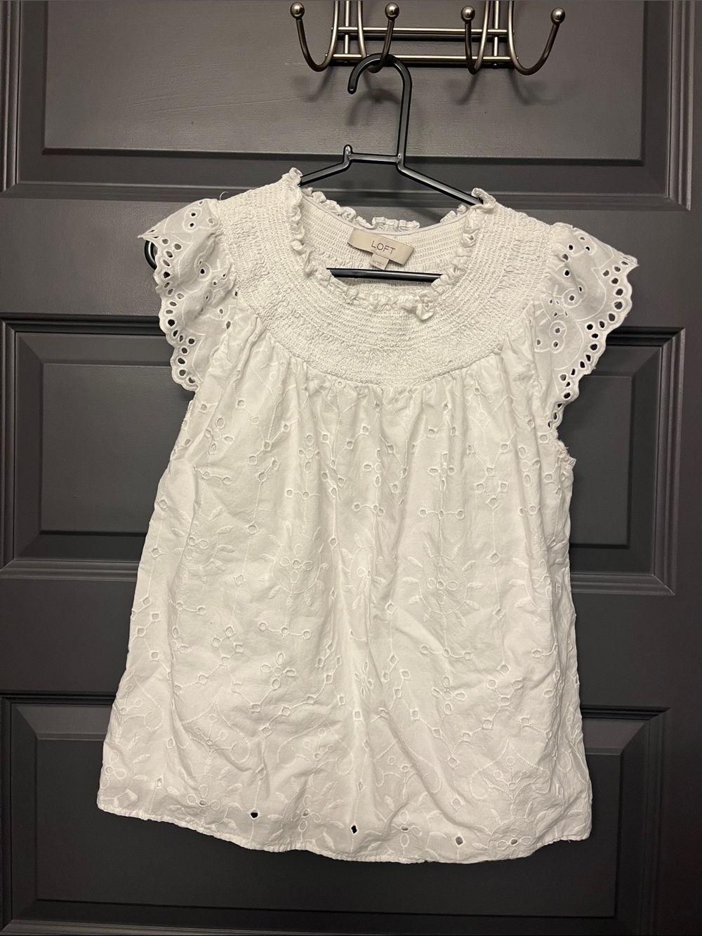 LOFT White Eyelet Smocked Sleevelet Top